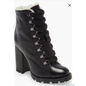 Schultz Zhara Black Lace Sherpa Stacked Lug Leather Boots 7 NEW $250 Moto Boho
